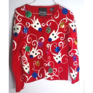 Vintage Michael Simon Ugly Christmas Sweater Cardigan Reindeer Size Small READ